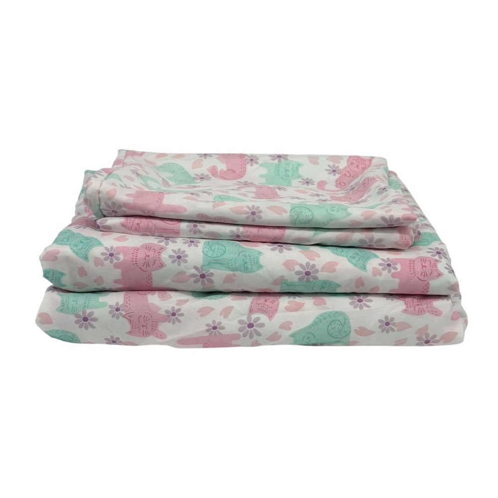 Kute Kids Sheet Set Pink Teal Cat Print Full 4pc